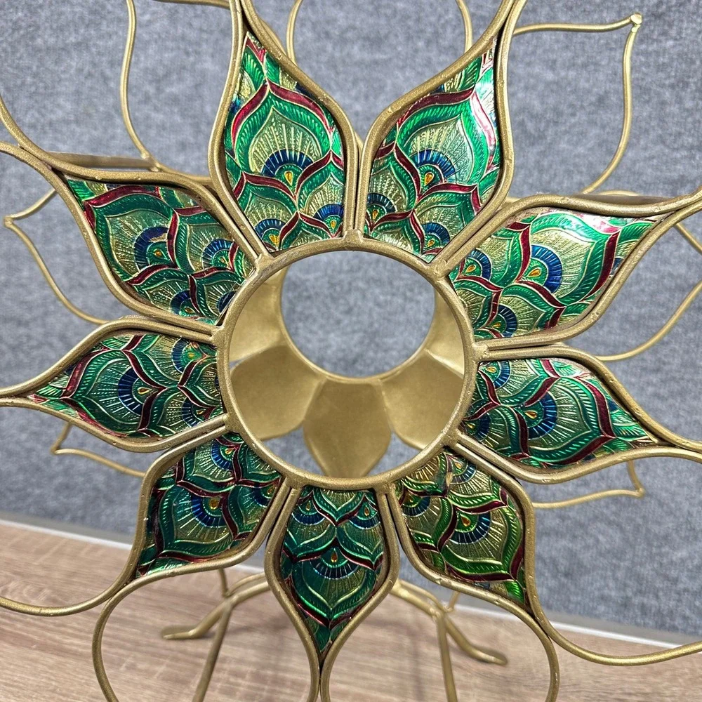 VTG Pier One Wine Rack Lotus Enamel Peacock Art Nouveau Bohemian Eclectic Jewel